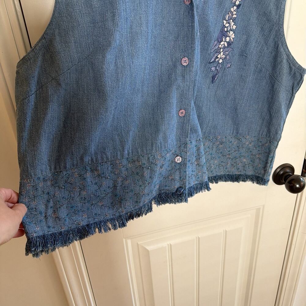NWOT Vintage Two Twenty Denim Sleeveless Floral Fringe Button Top Women’s Sz XLG - Picture 5 of 10